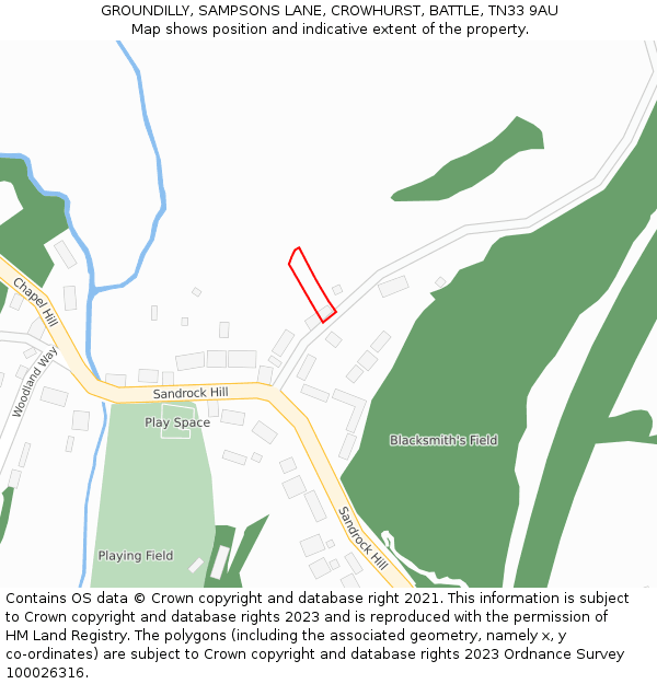 GROUNDILLY, SAMPSONS LANE, CROWHURST, BATTLE, TN33 9AU: Location map and indicative extent of plot