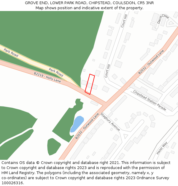 GROVE END, LOWER PARK ROAD, CHIPSTEAD, COULSDON, CR5 3NR: Location map and indicative extent of plot