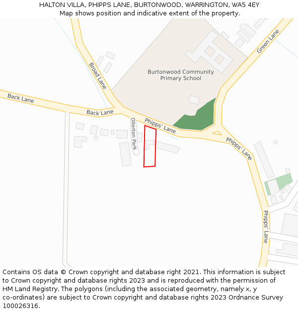 HALTON VILLA, PHIPPS LANE, BURTONWOOD, WARRINGTON, WA5 4EY: Location map and indicative extent of plot