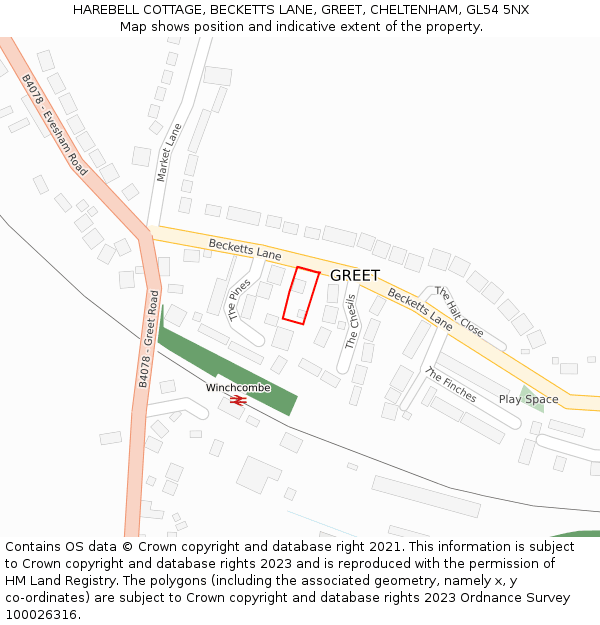 HAREBELL COTTAGE, BECKETTS LANE, GREET, CHELTENHAM, GL54 5NX: Location map and indicative extent of plot