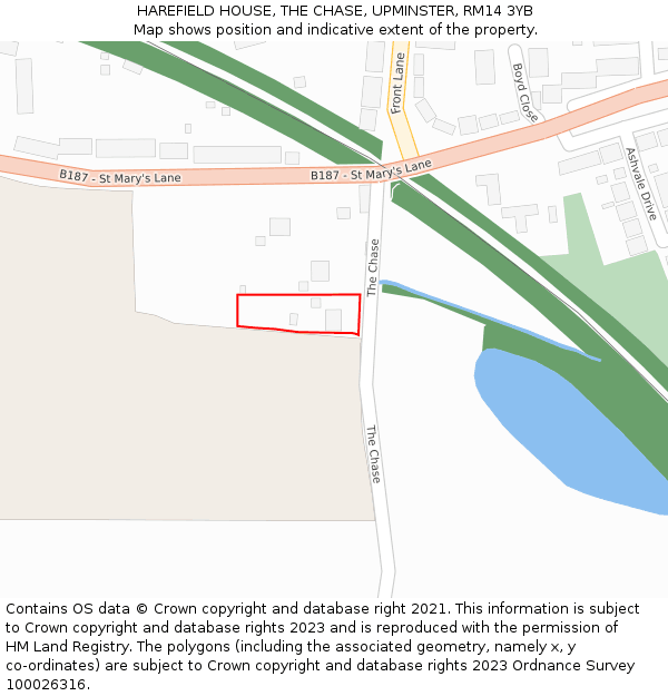 HAREFIELD HOUSE, THE CHASE, UPMINSTER, RM14 3YB: Location map and indicative extent of plot