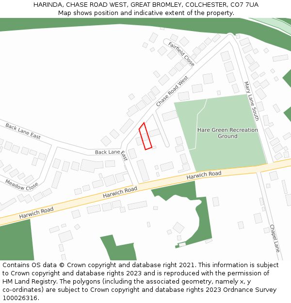 HARINDA, CHASE ROAD WEST, GREAT BROMLEY, COLCHESTER, CO7 7UA: Location map and indicative extent of plot