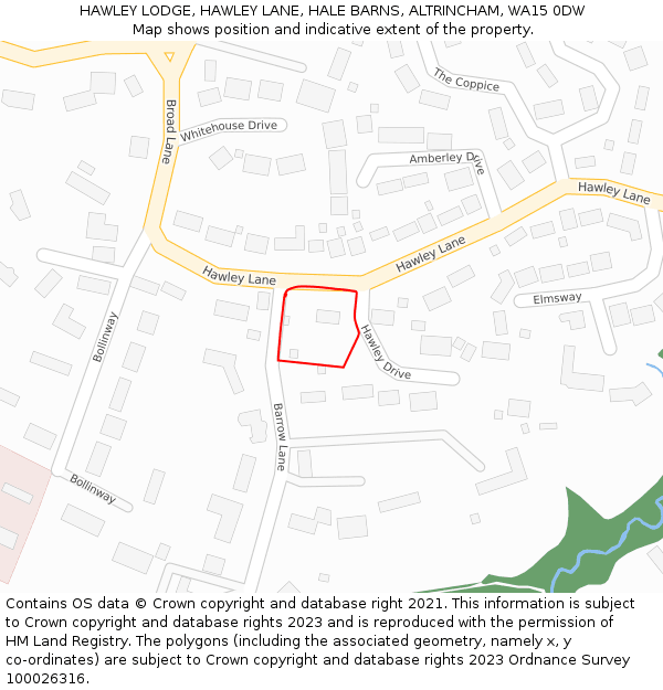 HAWLEY LODGE, HAWLEY LANE, HALE BARNS, ALTRINCHAM, WA15 0DW: Location map and indicative extent of plot