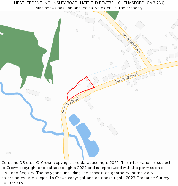 HEATHERDENE, NOUNSLEY ROAD, HATFIELD PEVEREL, CHELMSFORD, CM3 2NQ: Location map and indicative extent of plot