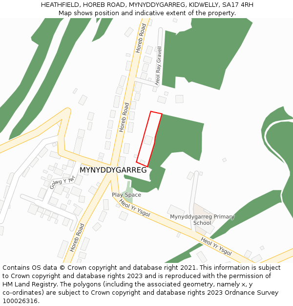 HEATHFIELD, HOREB ROAD, MYNYDDYGARREG, KIDWELLY, SA17 4RH: Location map and indicative extent of plot