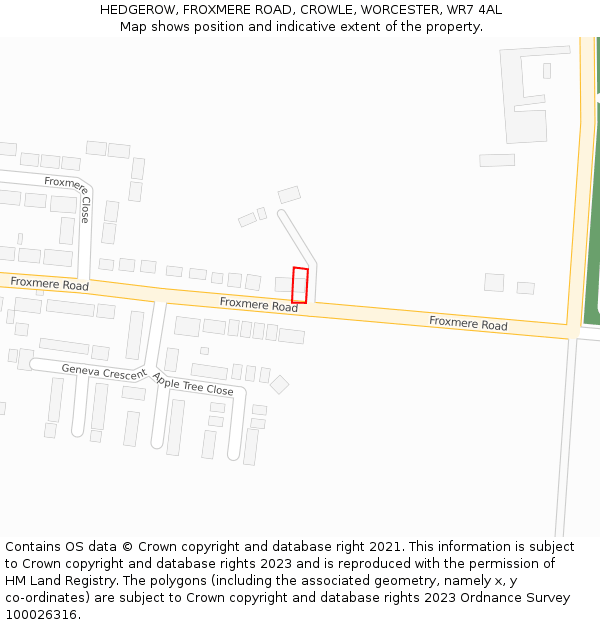 HEDGEROW, FROXMERE ROAD, CROWLE, WORCESTER, WR7 4AL: Location map and indicative extent of plot