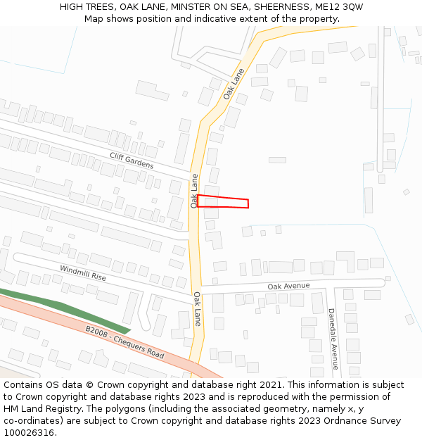 HIGH TREES, OAK LANE, MINSTER ON SEA, SHEERNESS, ME12 3QW: Location map and indicative extent of plot