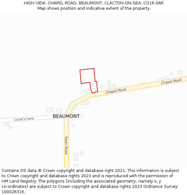 HIGH VIEW, CHAPEL ROAD, BEAUMONT, CLACTON-ON-SEA, CO16 0AR: Location map and indicative extent of plot