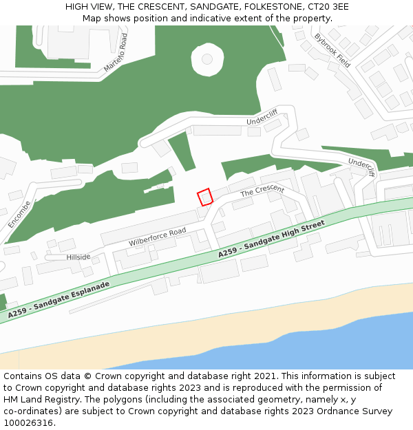 HIGH VIEW, THE CRESCENT, SANDGATE, FOLKESTONE, CT20 3EE: Location map and indicative extent of plot