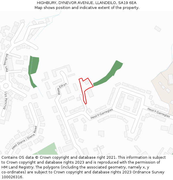 HIGHBURY, DYNEVOR AVENUE, LLANDEILO, SA19 6EA: Location map and indicative extent of plot