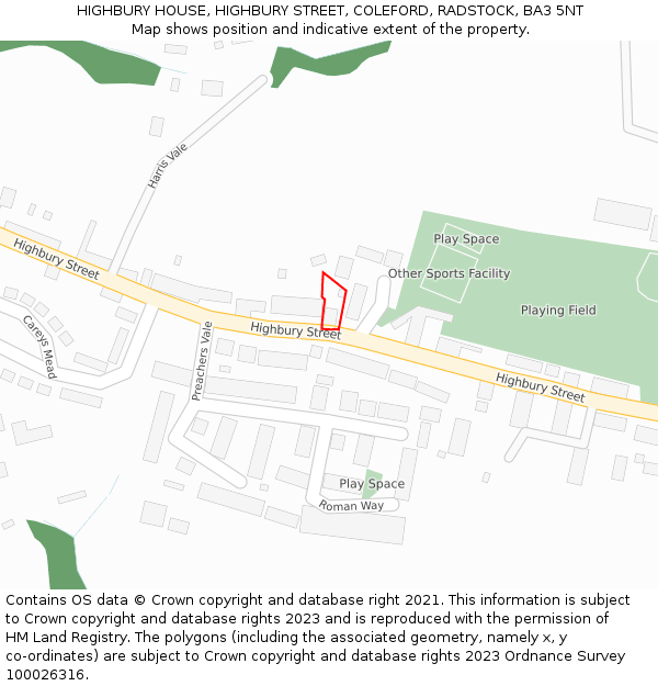 HIGHBURY HOUSE, HIGHBURY STREET, COLEFORD, RADSTOCK, BA3 5NT: Location map and indicative extent of plot