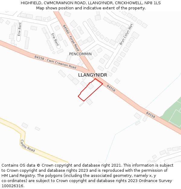 HIGHFIELD, CWMCRAWNON ROAD, LLANGYNIDR, CRICKHOWELL, NP8 1LS: Location map and indicative extent of plot