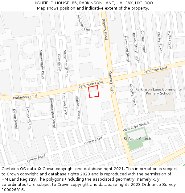 HIGHFIELD HOUSE, 85, PARKINSON LANE, HALIFAX, HX1 3QQ: Location map and indicative extent of plot