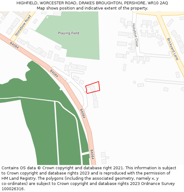 HIGHFIELD, WORCESTER ROAD, DRAKES BROUGHTON, PERSHORE, WR10 2AQ: Location map and indicative extent of plot