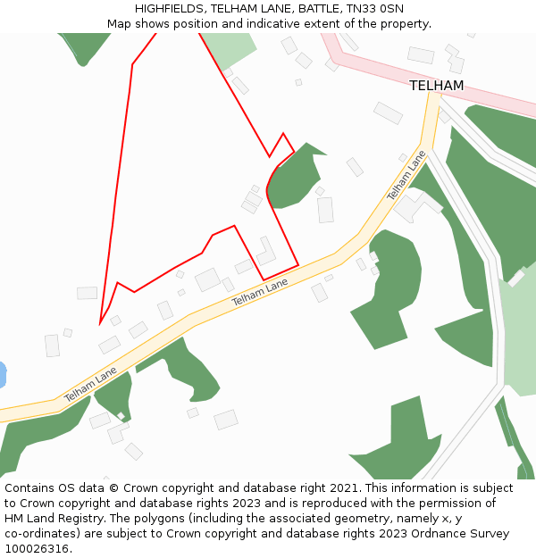 HIGHFIELDS, TELHAM LANE, BATTLE, TN33 0SN: Location map and indicative extent of plot