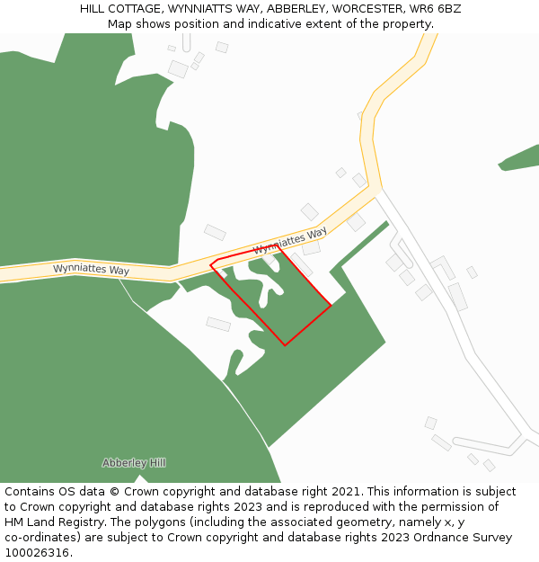 HILL COTTAGE, WYNNIATTS WAY, ABBERLEY, WORCESTER, WR6 6BZ: Location map and indicative extent of plot