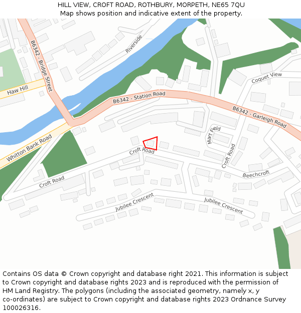 HILL VIEW, CROFT ROAD, ROTHBURY, MORPETH, NE65 7QU: Location map and indicative extent of plot