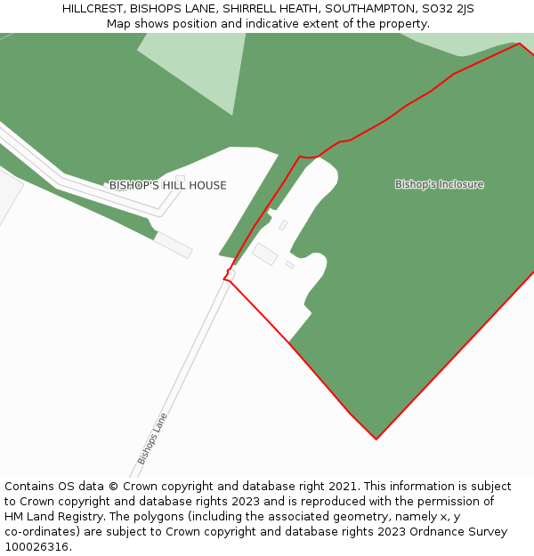 HILLCREST, BISHOPS LANE, SHIRRELL HEATH, SOUTHAMPTON, SO32 2JS: Location map and indicative extent of plot