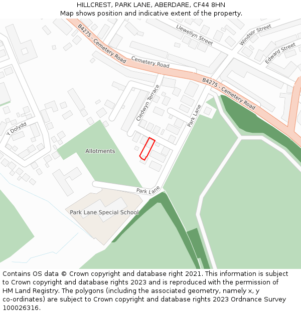 HILLCREST, PARK LANE, ABERDARE, CF44 8HN: Location map and indicative extent of plot