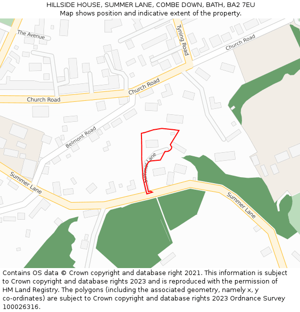 HILLSIDE HOUSE, SUMMER LANE, COMBE DOWN, BATH, BA2 7EU: Location map and indicative extent of plot