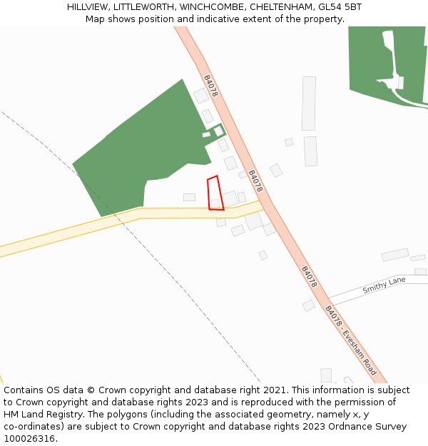 HILLVIEW, LITTLEWORTH, WINCHCOMBE, CHELTENHAM, GL54 5BT: Location map and indicative extent of plot