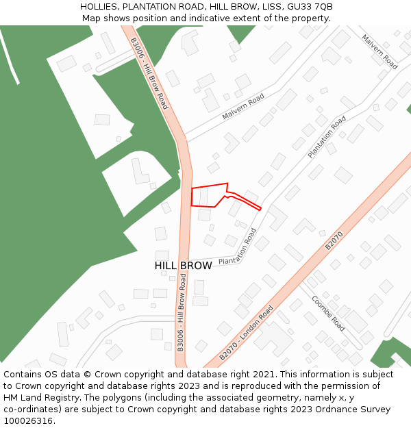 HOLLIES, PLANTATION ROAD, HILL BROW, LISS, GU33 7QB: Location map and indicative extent of plot