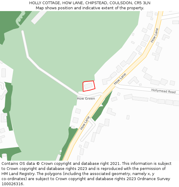 HOLLY COTTAGE, HOW LANE, CHIPSTEAD, COULSDON, CR5 3LN: Location map and indicative extent of plot