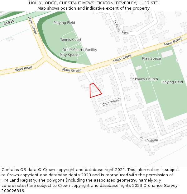 HOLLY LODGE, CHESTNUT MEWS, TICKTON, BEVERLEY, HU17 9TD: Location map and indicative extent of plot