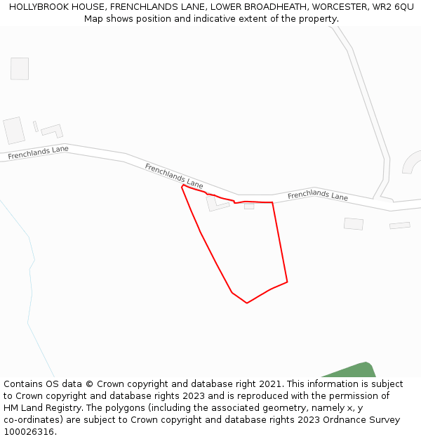 HOLLYBROOK HOUSE, FRENCHLANDS LANE, LOWER BROADHEATH, WORCESTER, WR2 6QU: Location map and indicative extent of plot