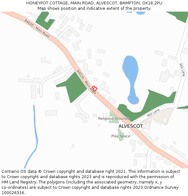 HONEYPOT COTTAGE, MAIN ROAD, ALVESCOT, BAMPTON, OX18 2PU: Location map and indicative extent of plot