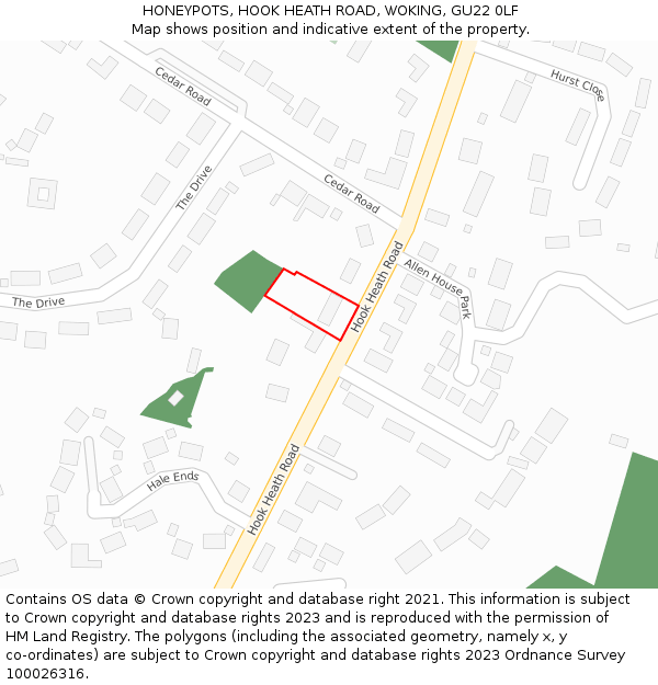 HONEYPOTS, HOOK HEATH ROAD, WOKING, GU22 0LF: Location map and indicative extent of plot