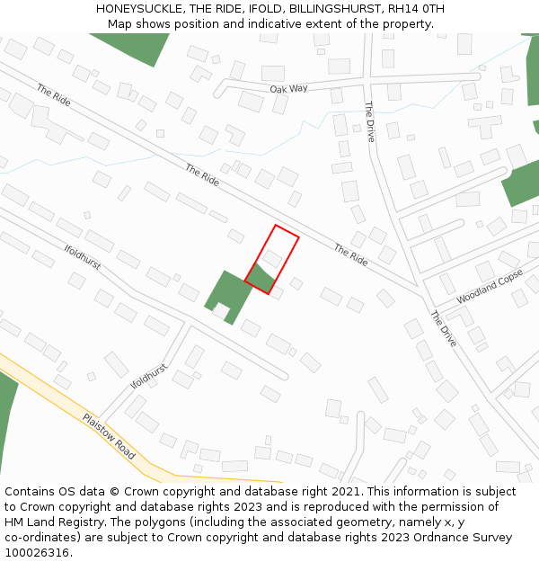 HONEYSUCKLE, THE RIDE, IFOLD, BILLINGSHURST, RH14 0TH: Location map and indicative extent of plot