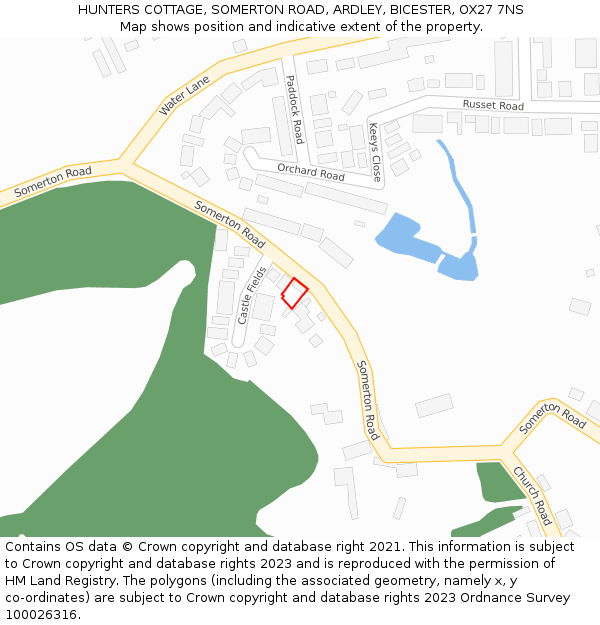 HUNTERS COTTAGE, SOMERTON ROAD, ARDLEY, BICESTER, OX27 7NS: Location map and indicative extent of plot