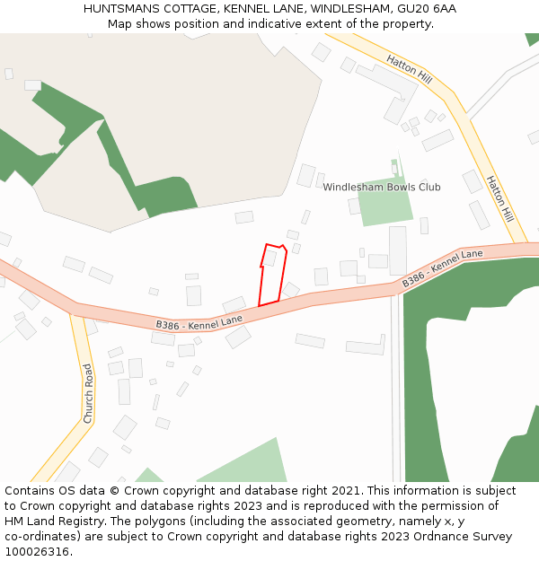 HUNTSMANS COTTAGE, KENNEL LANE, WINDLESHAM, GU20 6AA: Location map and indicative extent of plot