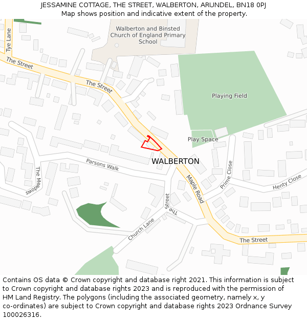 JESSAMINE COTTAGE, THE STREET, WALBERTON, ARUNDEL, BN18 0PJ: Location map and indicative extent of plot