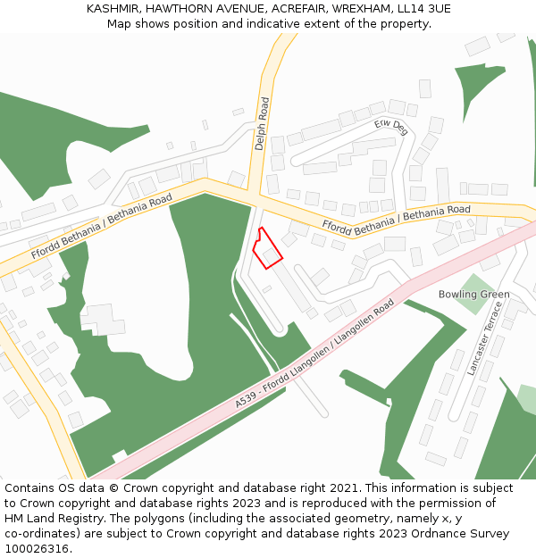 KASHMIR, HAWTHORN AVENUE, ACREFAIR, WREXHAM, LL14 3UE: Location map and indicative extent of plot