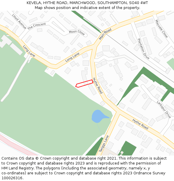 KEVELA, HYTHE ROAD, MARCHWOOD, SOUTHAMPTON, SO40 4WT: Location map and indicative extent of plot