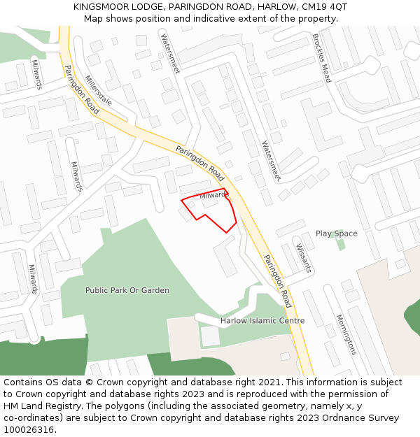 KINGSMOOR LODGE, PARINGDON ROAD, HARLOW, CM19 4QT: Location map and indicative extent of plot