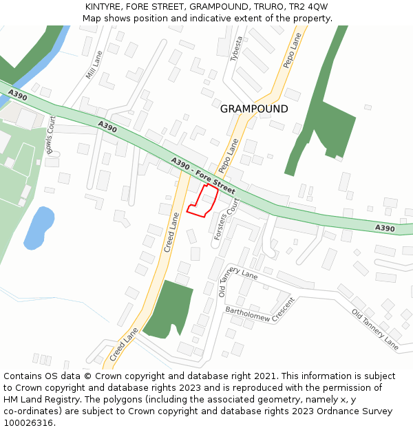 KINTYRE, FORE STREET, GRAMPOUND, TRURO, TR2 4QW: Location map and indicative extent of plot