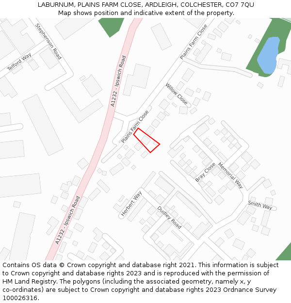 LABURNUM, PLAINS FARM CLOSE, ARDLEIGH, COLCHESTER, CO7 7QU: Location map and indicative extent of plot