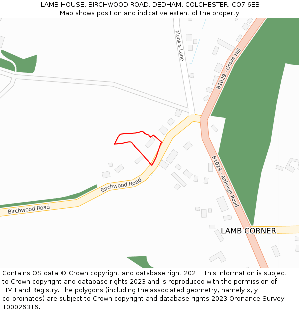 LAMB HOUSE, BIRCHWOOD ROAD, DEDHAM, COLCHESTER, CO7 6EB: Location map and indicative extent of plot