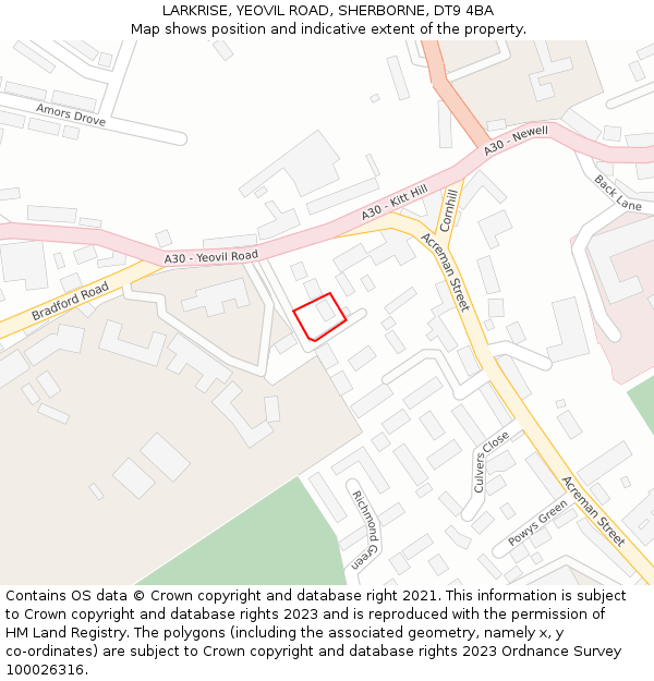 LARKRISE, YEOVIL ROAD, SHERBORNE, DT9 4BA: Location map and indicative extent of plot