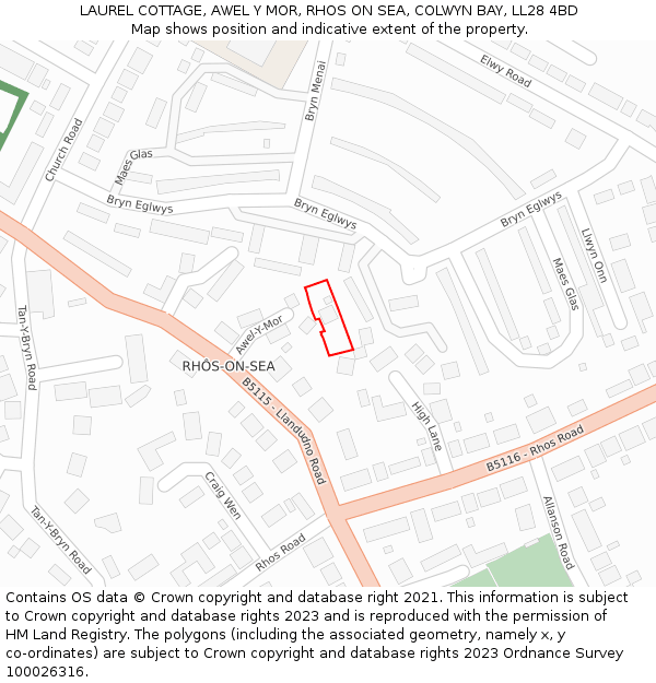 LAUREL COTTAGE, AWEL Y MOR, RHOS ON SEA, COLWYN BAY, LL28 4BD: Location map and indicative extent of plot