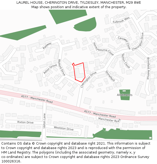 LAUREL HOUSE, CHERINGTON DRIVE, TYLDESLEY, MANCHESTER, M29 8WE: Location map and indicative extent of plot