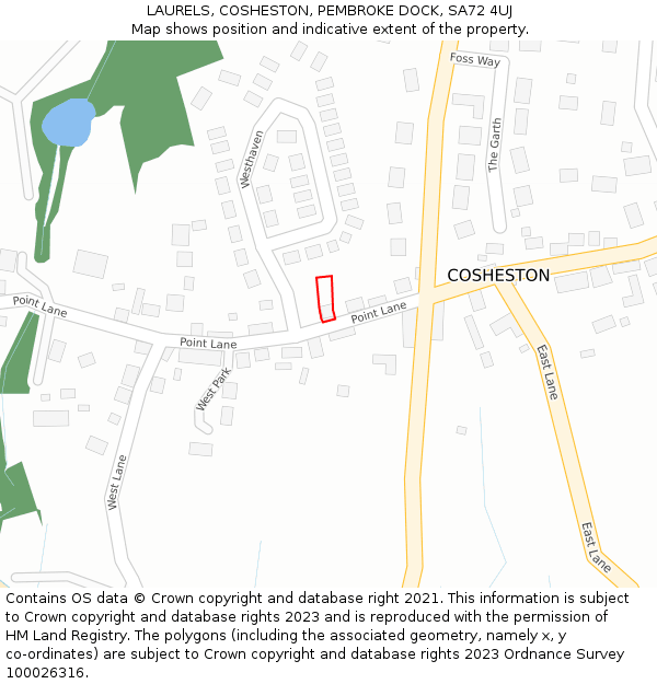 LAURELS, COSHESTON, PEMBROKE DOCK, SA72 4UJ: Location map and indicative extent of plot