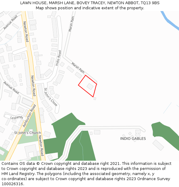 LAWN HOUSE, MARSH LANE, BOVEY TRACEY, NEWTON ABBOT, TQ13 9BS: Location map and indicative extent of plot