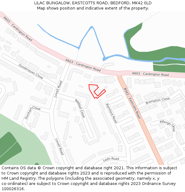 LILAC BUNGALOW, EASTCOTTS ROAD, BEDFORD, MK42 0LD: Location map and indicative extent of plot