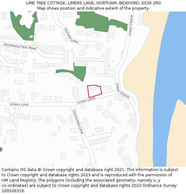 LIME TREE COTTAGE, LIMERS LANE, NORTHAM, BIDEFORD, EX39 2RG: Location map and indicative extent of plot