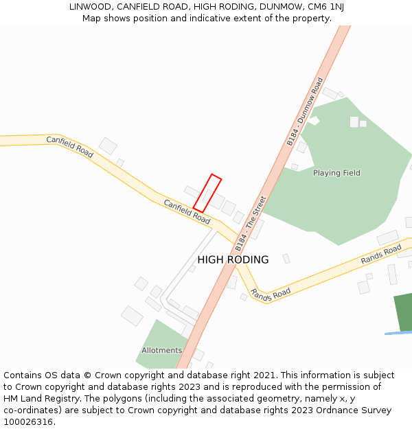 LINWOOD, CANFIELD ROAD, HIGH RODING, DUNMOW, CM6 1NJ: Location map and indicative extent of plot