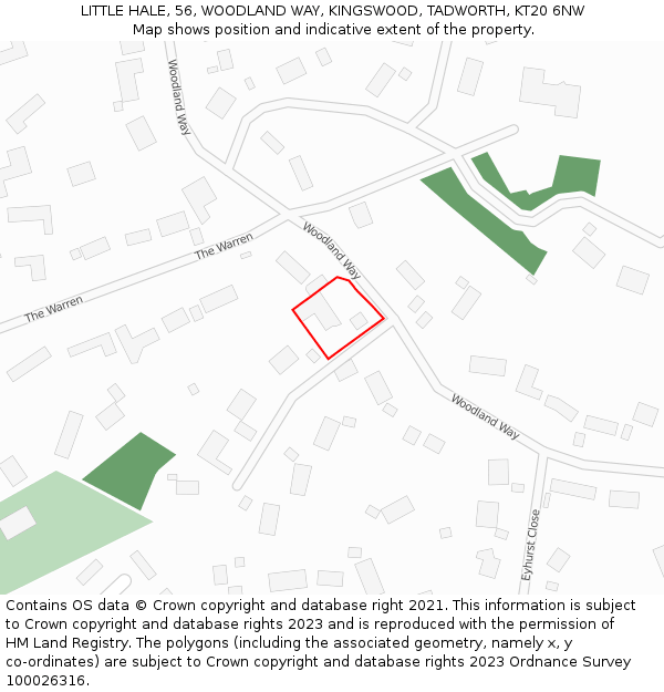 LITTLE HALE, 56, WOODLAND WAY, KINGSWOOD, TADWORTH, KT20 6NW: Location map and indicative extent of plot